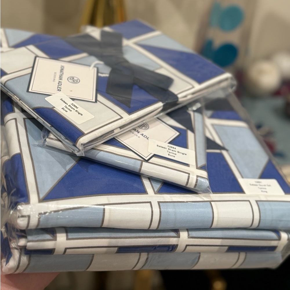 Jonathan Adler Pop Sorrento Blue Sateen Duvet set and Euro Shams